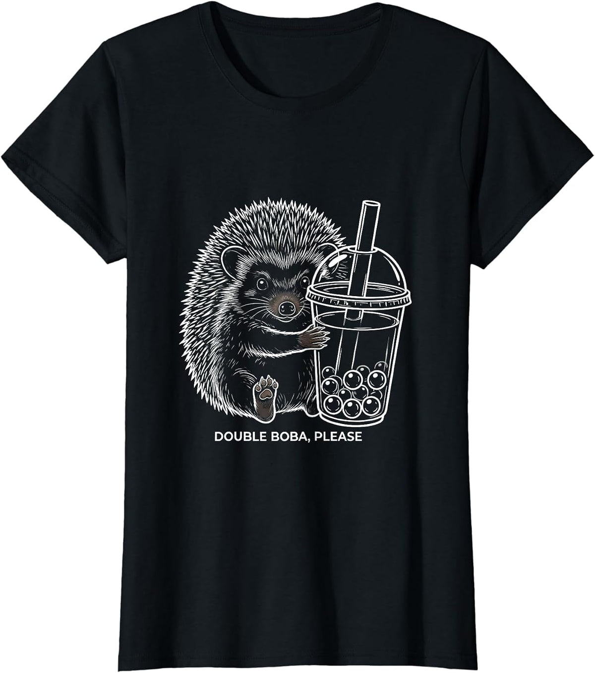 Women's Double Boba, Please Cute Kawaii Hedgehog Boba Tea Lover Gift T-Shirt - Black