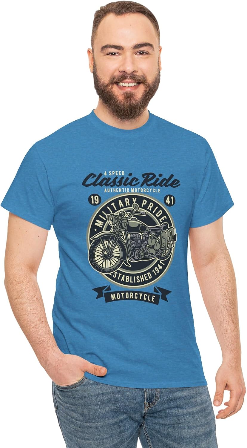 GANDAR® Classic Ride T-Shirt Unisex Motorcycle Graphic Tee Cute Vintage Biker Casual Outfit Apparel Gift - Heather Sapphire