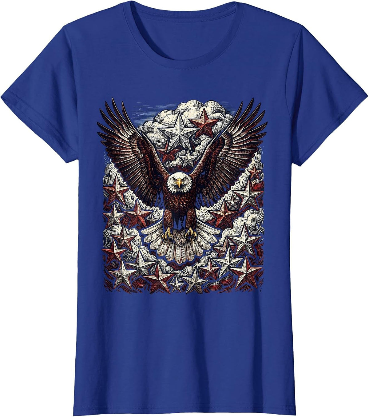 Women's American Flag Eagle Flying Through Stars T-Shirt - Royal Blue