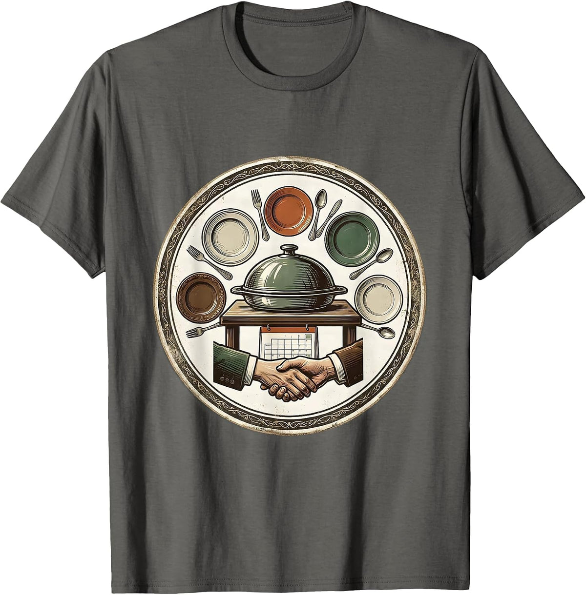 Sealed Communal Dish Vintage Friendsgiving Group Badge T-Shirt - Asphalt Grey