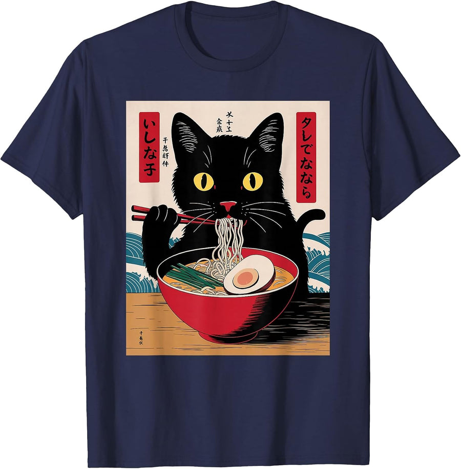 Cat Ramen Art Japanese Style Retro Anime Food Lovers T-Shirt - Navy Blue