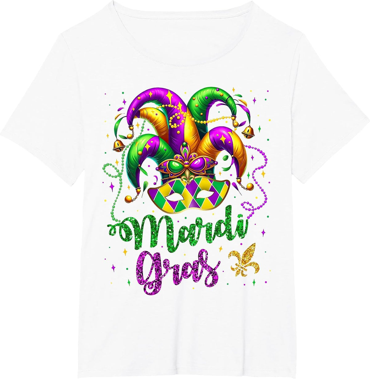 Mardi Gras Shirts for Women Kids Men Beads Mask Feathers Hat T-Shirt - White