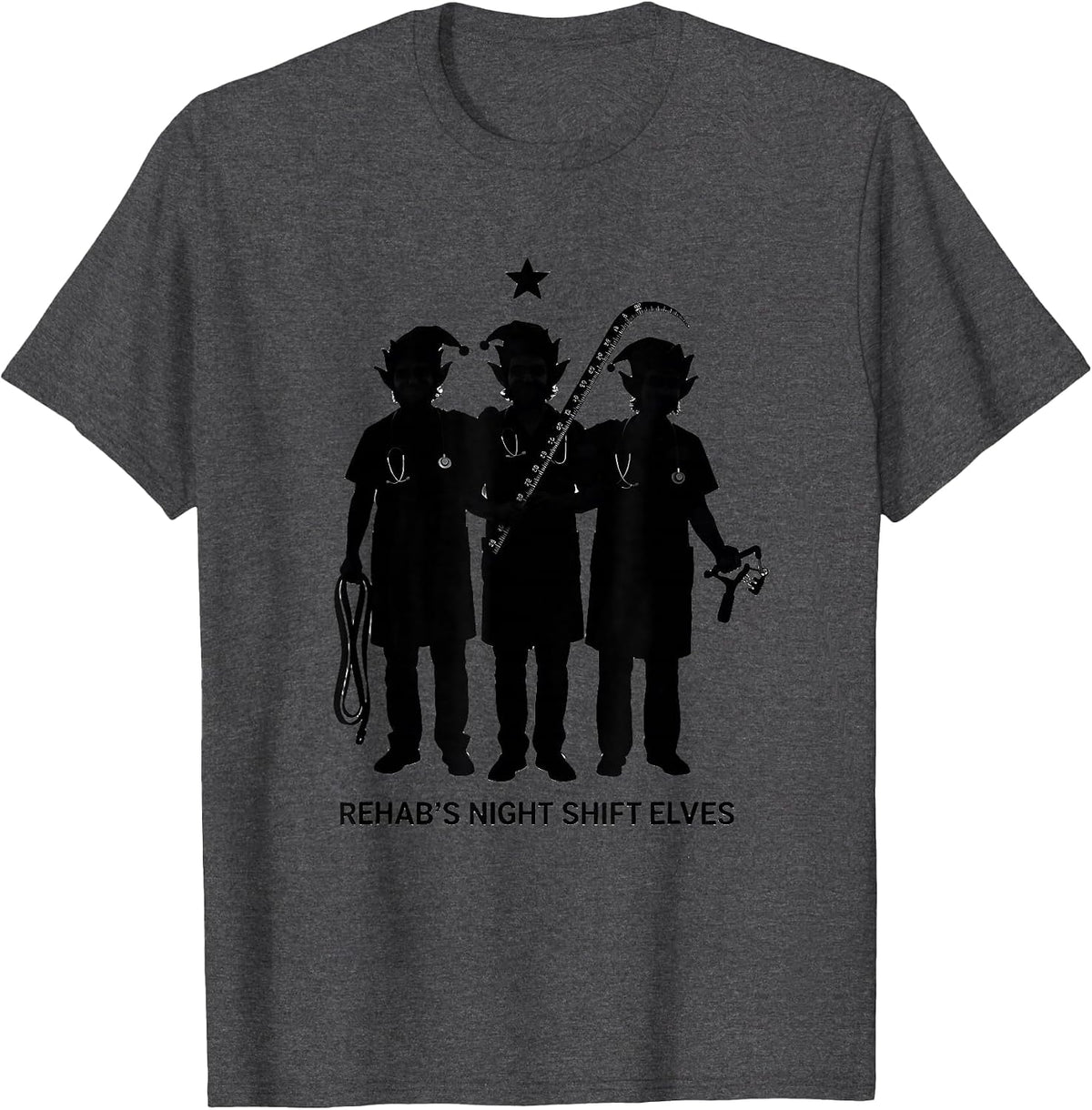 Rehab's Night Shift Elves Funny Occupational Therapy T-Shirt - Dark Heather Grey