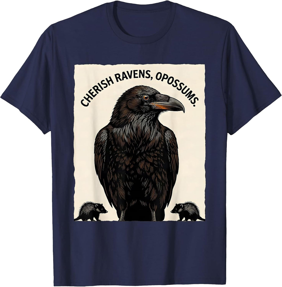 Cherish Ravens Opossums Linocut Nature Lover Misunderstood T-Shirt - Navy Blue