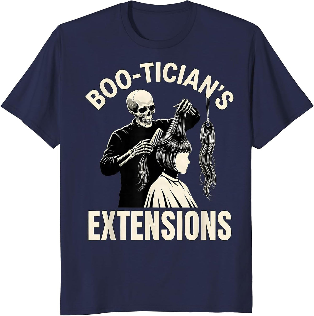 Men's Boo-tician's Extensions Skeleton Hairstylist Halloween Humor T-Shirt - Navy Blue