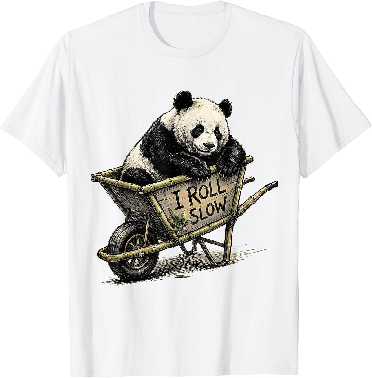 Men's I Roll Slow Hand-Sketched Panda Lover Cute Humor T-Shirt - White