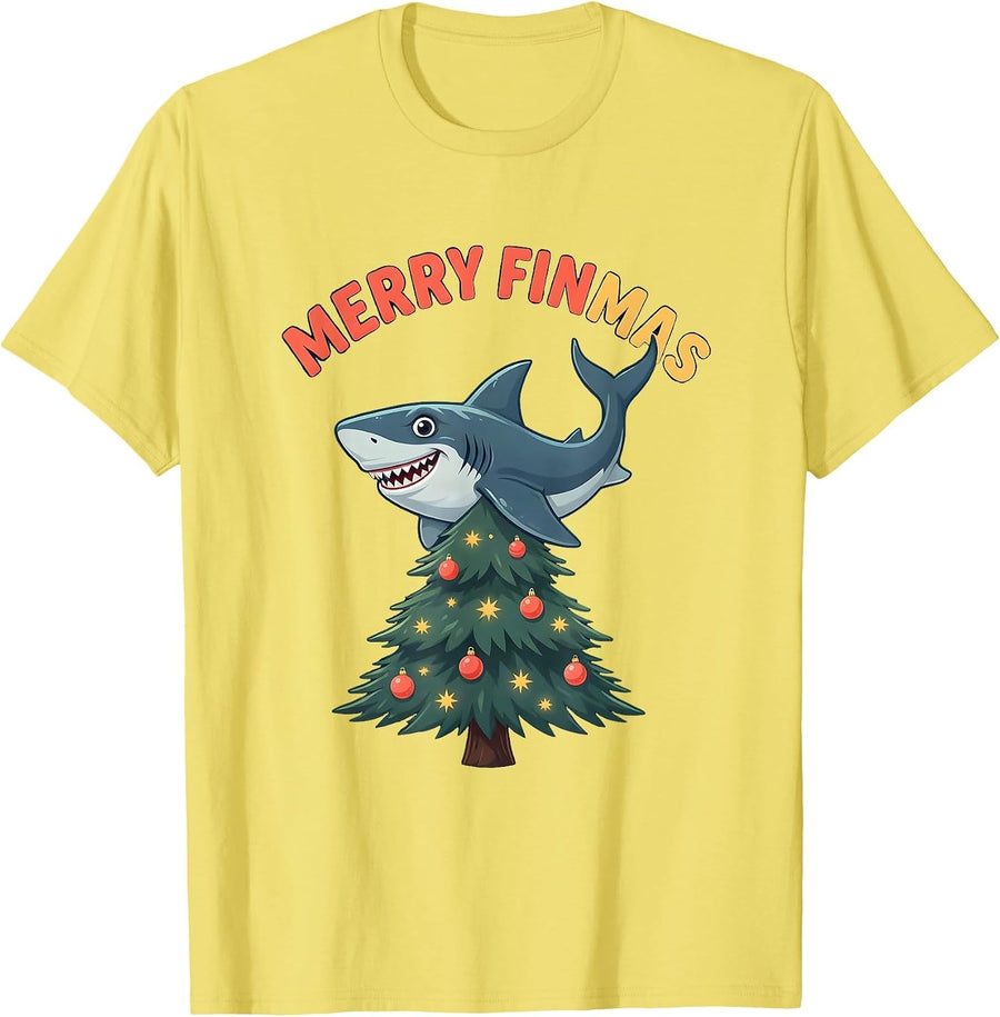 Men's Merry Finmas Funny Shark Christmas Pun Humor T-Shirt - Lemon Yellow