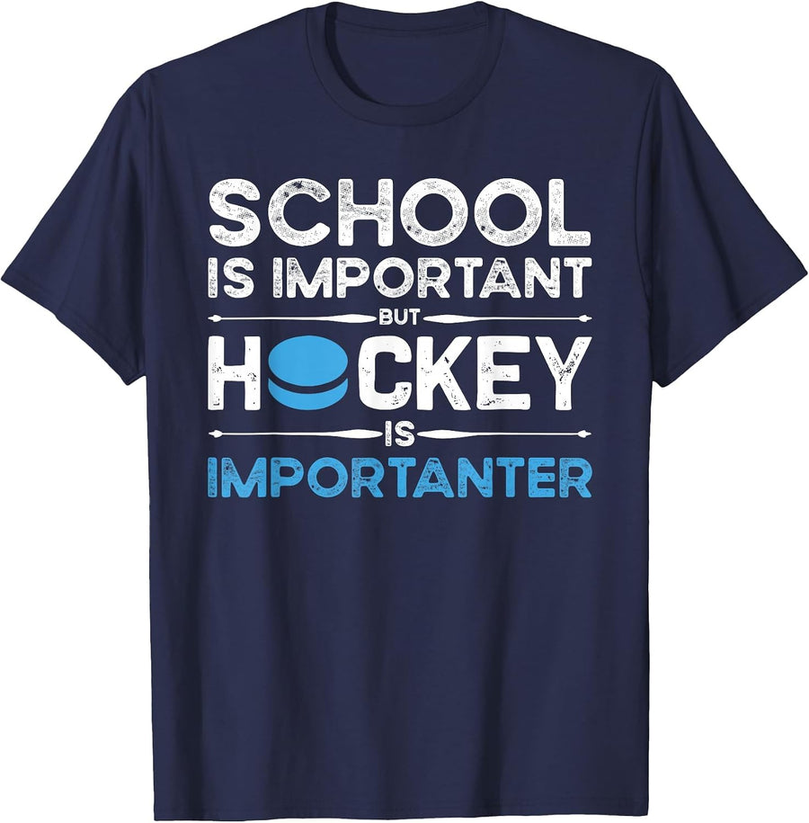 School is Important But Hockey is Importanter Ice Hockey Boy T-Shirt - Navy Blue