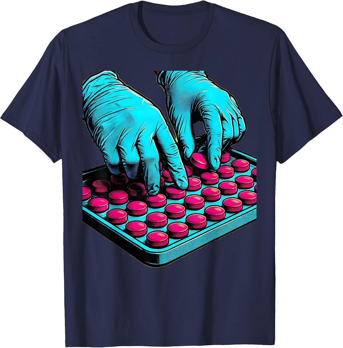 Pharmacy Technician Pill Counting Gloved Hands T-Shirt - Navy Blue