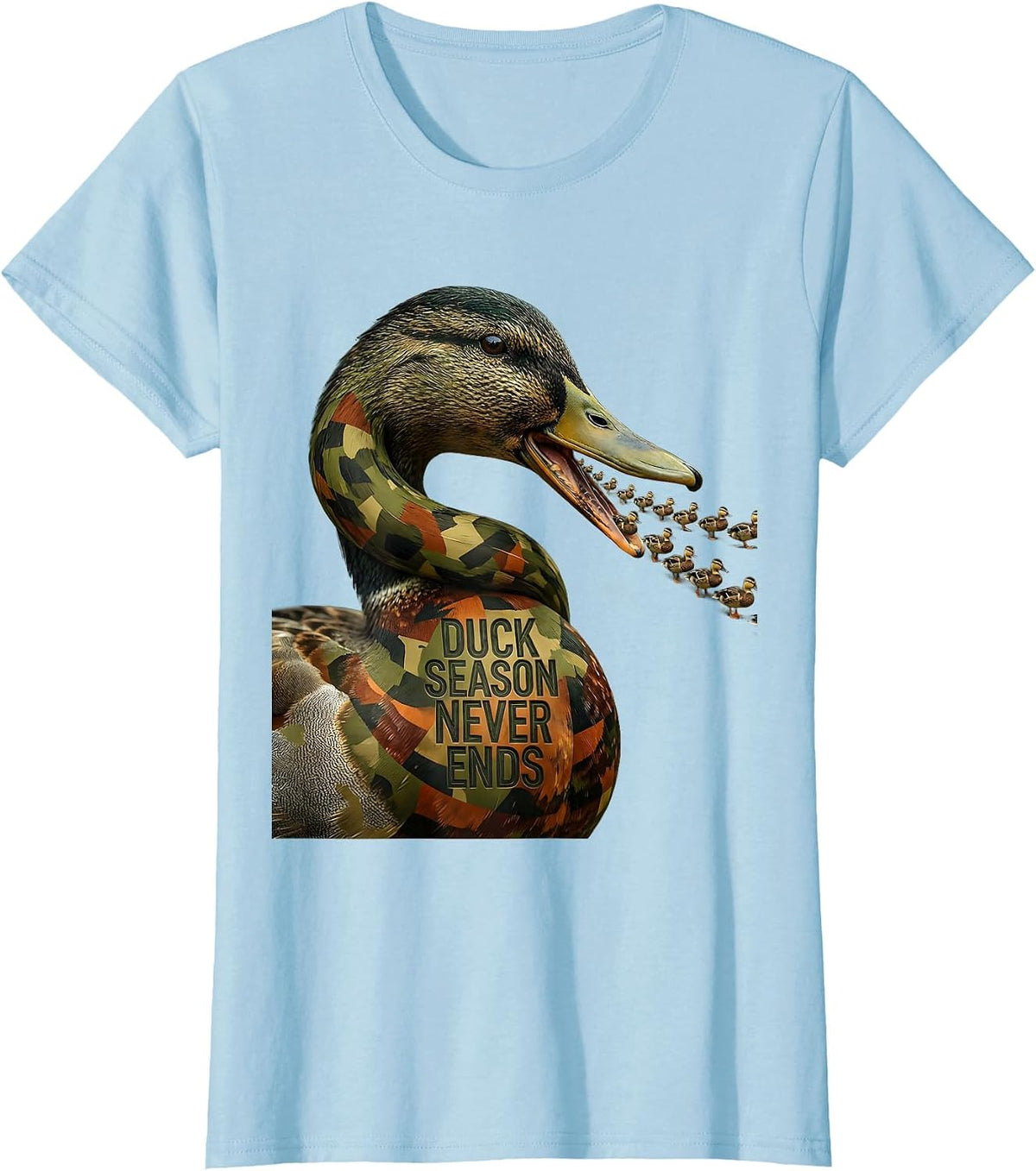 Women's Duck Camo Duck Season Never Ends Design T-Shirt - Baby Blue