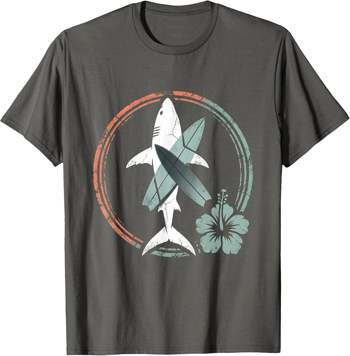 Great White Shark Under Surfboard Hawaiian Design T-Shirt - Asphalt Grey
