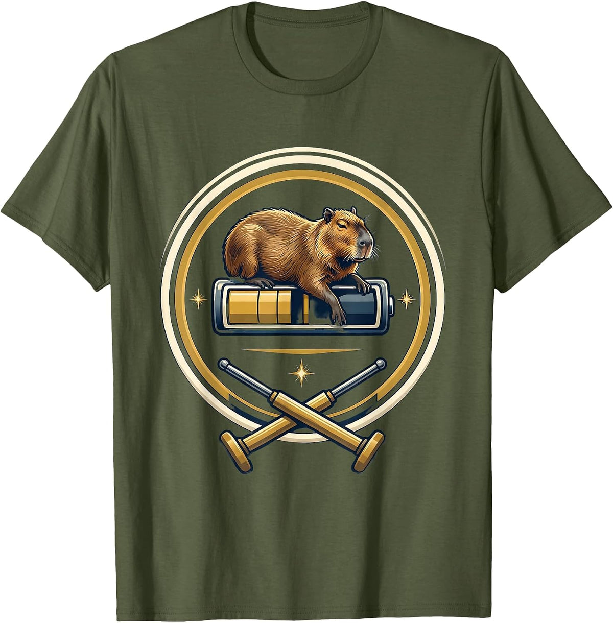 Capybara Gamer Emblem Drowsy Cool Gaming Humor T-Shirt - Olive Green