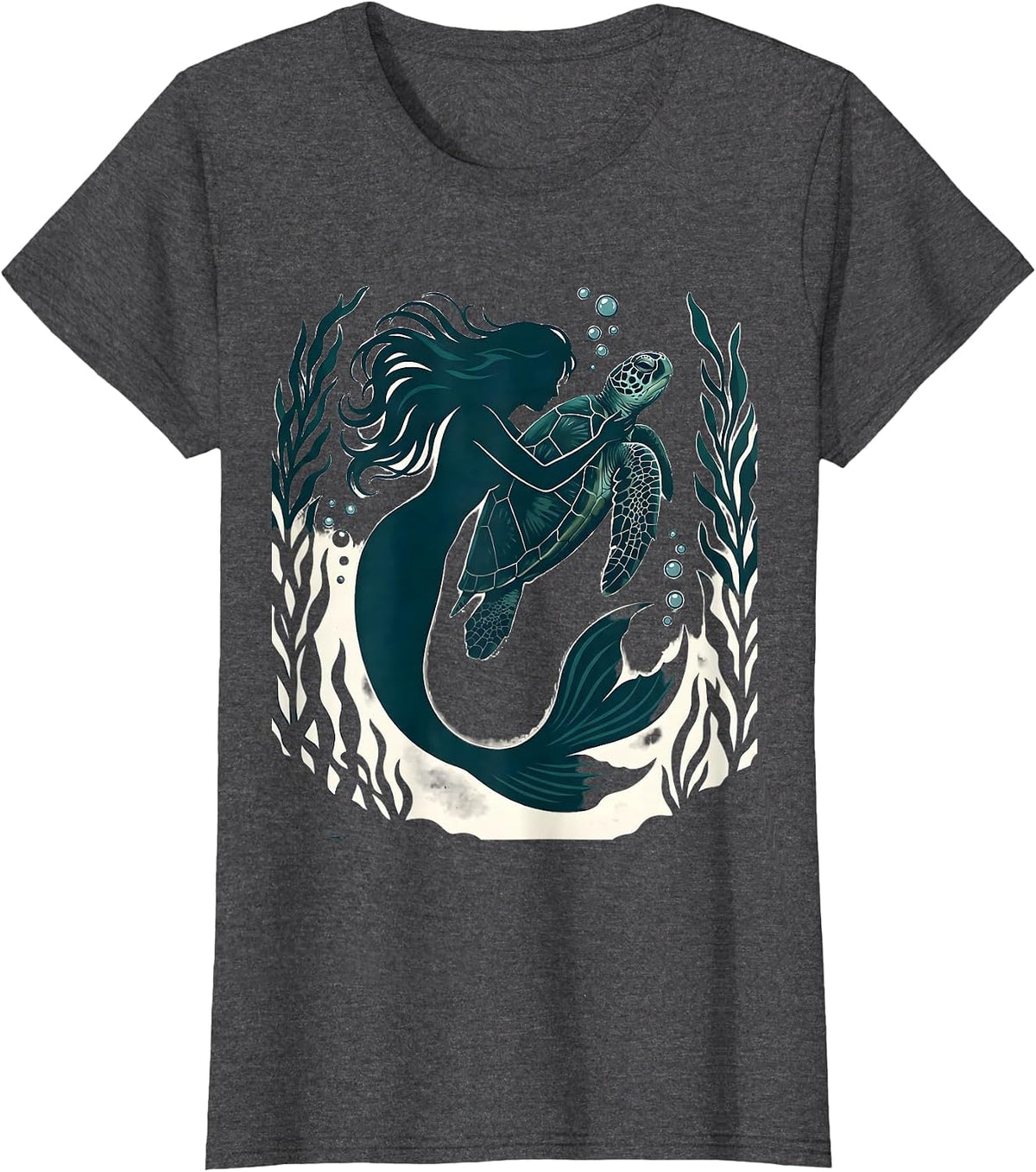 Women's Mermaid and Sea Turtle Underwater Embrace T-Shirt - Dark Heather Grey