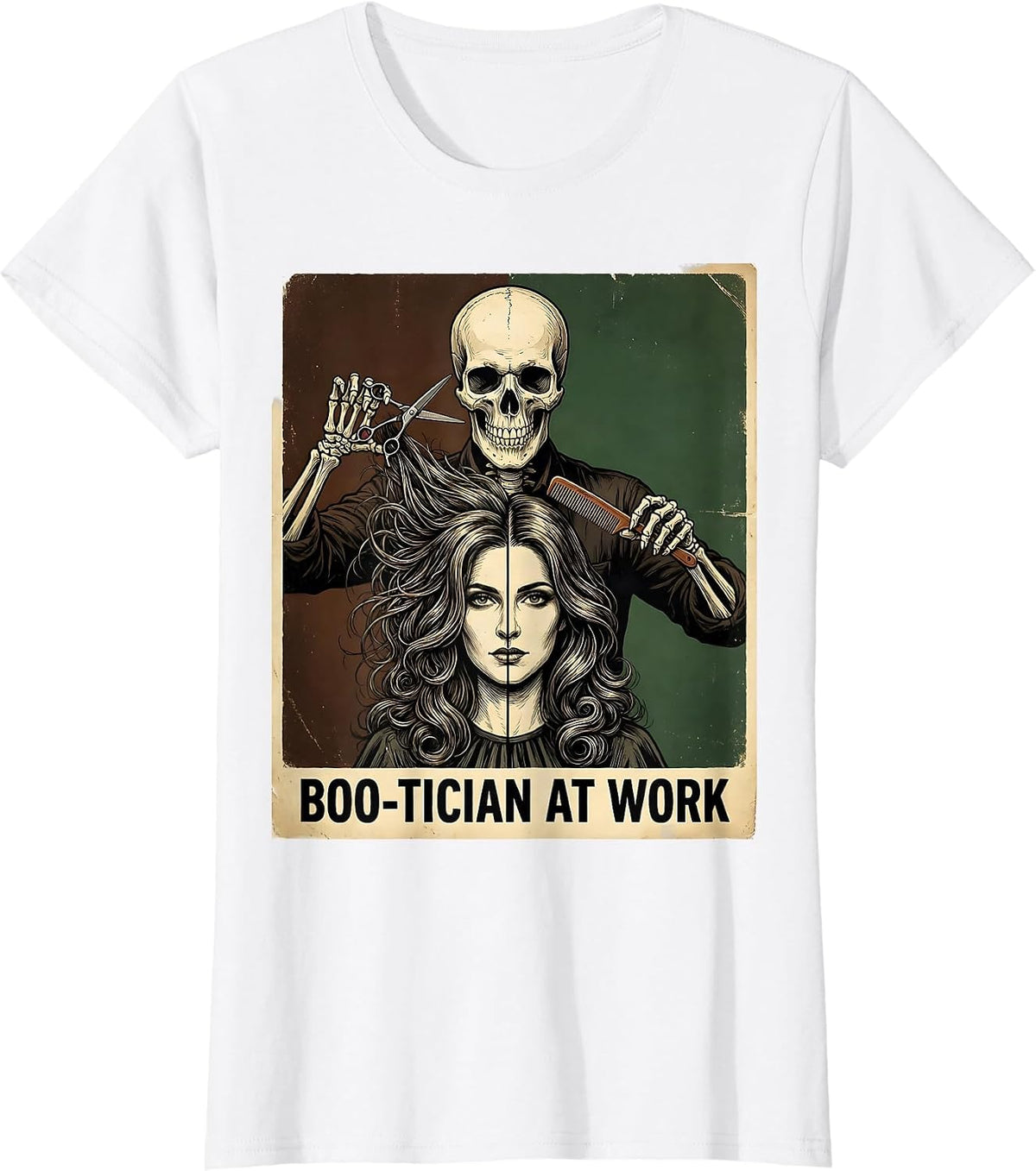 Boo-tician At Work Vintage Skeleton Hairdresser Halloween T-Shirt - White