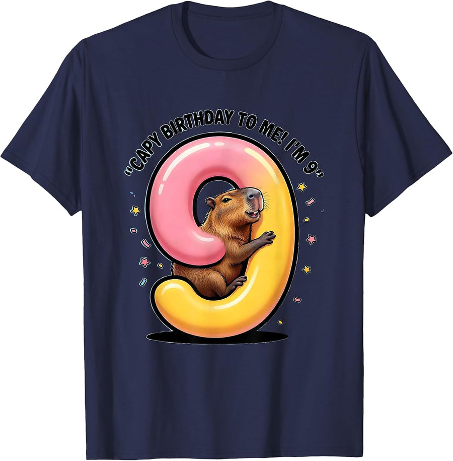 Capy Birthday To Me! I'm 9 Cartoon Capybara Kids Age Humor T-Shirt - Navy Blue