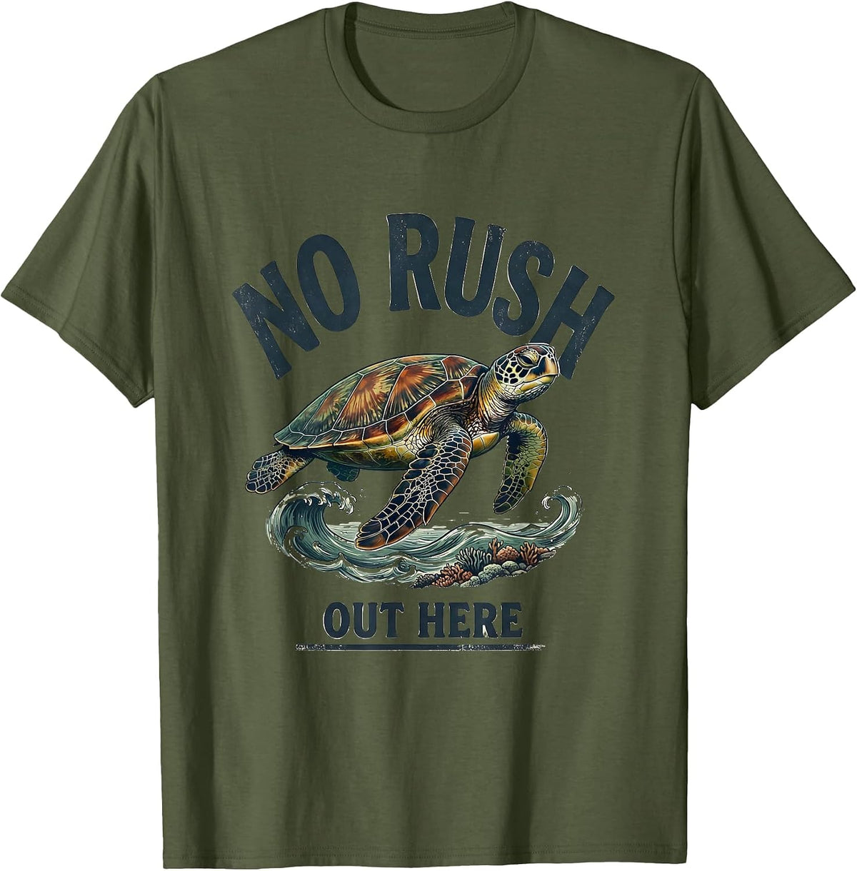 Men's No Rush Out Here Vintage Sea Turtle Beach Vacation Souvenir T-Shirt - Olive Green