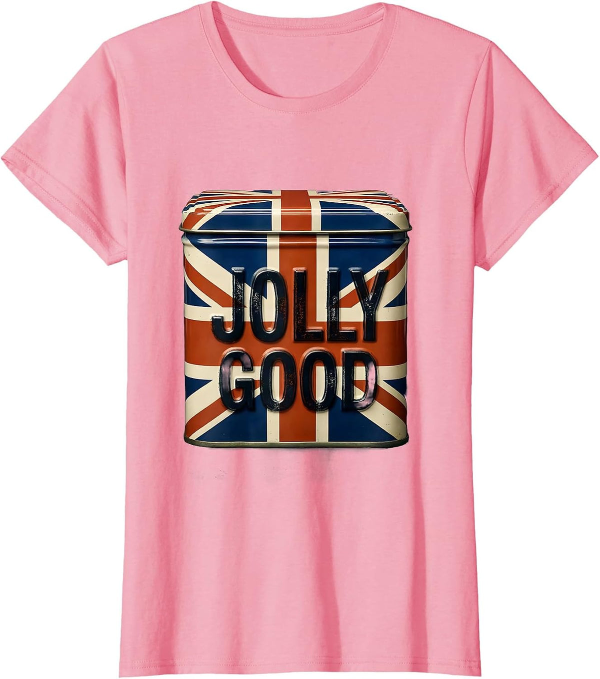 Women's Jolly Good Rubber Stamp Union Jack UK Souvenir Gift T-Shirt - Pink