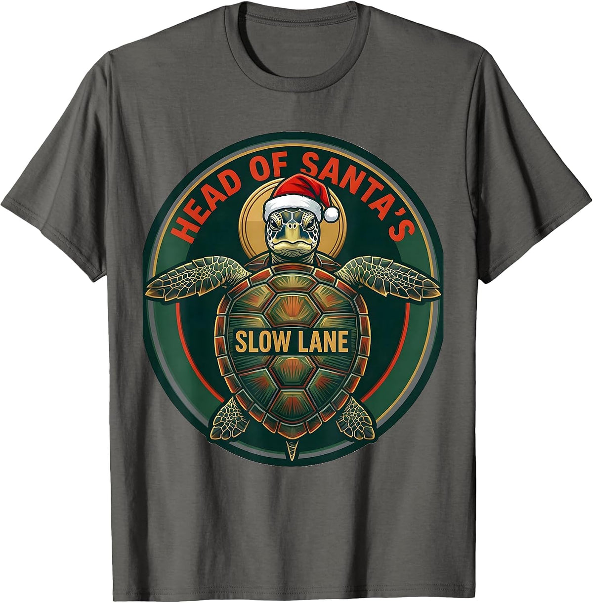 Men's Head of Santa's Slow Lane Whimsical Sea Turtle Christmas T-Shirt - Asphalt Grey