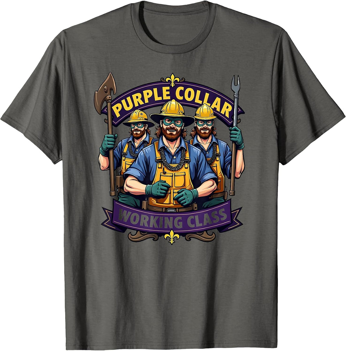 Purple Collar Working Class Mardi Gras Design T-Shirt - Asphalt Grey