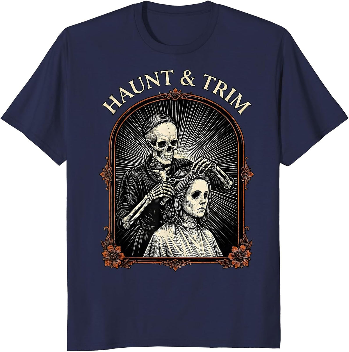 Haunt & Trim Skeleton Hairstylist Tarot Card Halloween Humor T-Shirt - Navy Blue