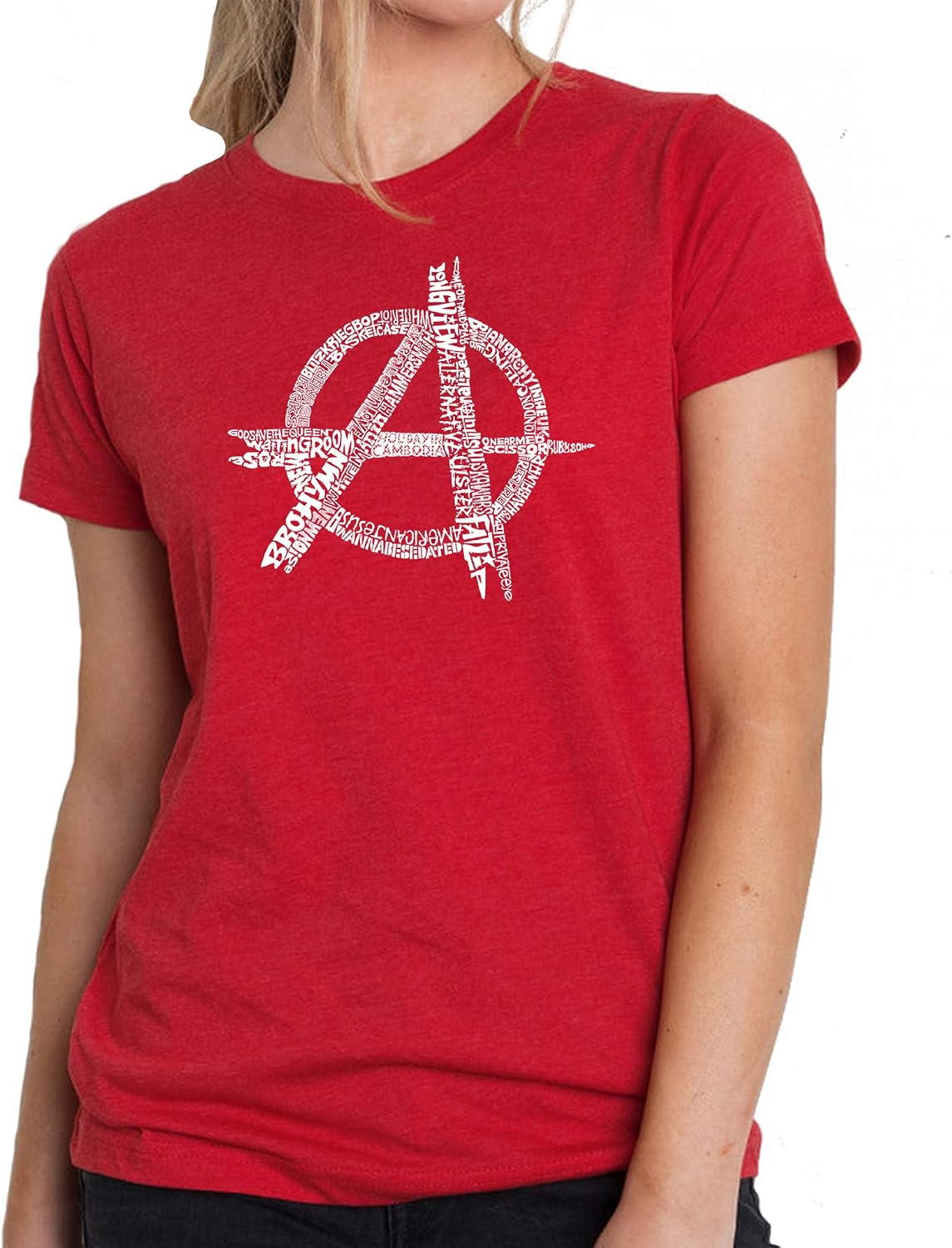 LA POP ART Women's Premium Blend Word Art T-Shirt - Great All TIME Punk Songs - Red