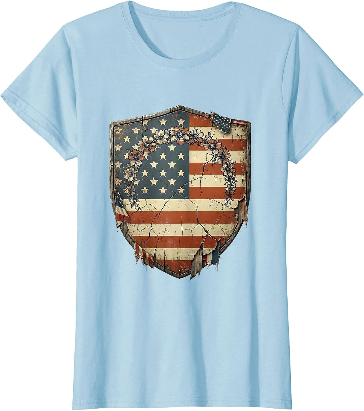 Red White and Blue Flower Crown Girl Design T-Shirt - Baby Blue