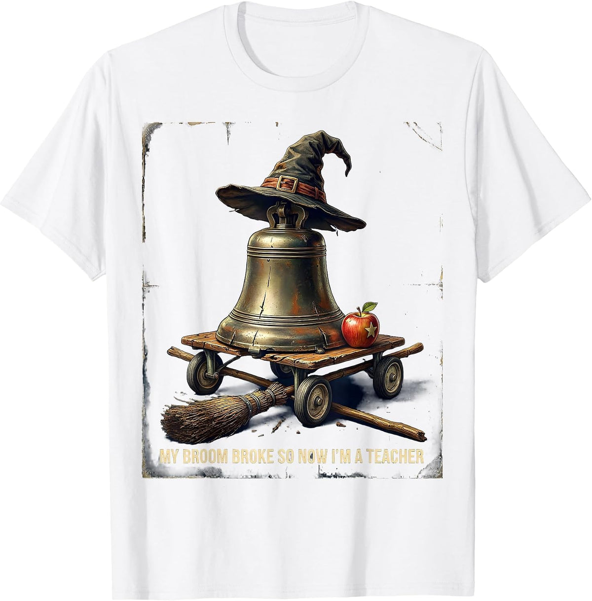 Men's My Broom Broke So Now I'm A Teacher Vintage Halloween T-Shirt - White