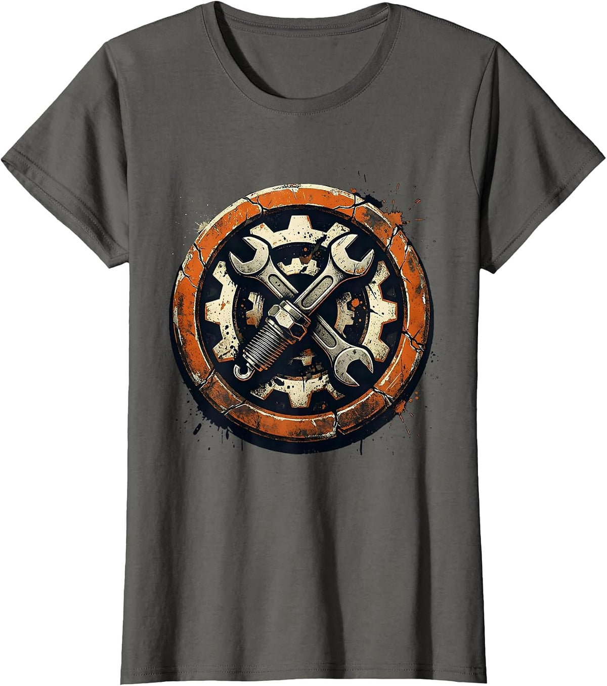Women's Mechanic Wrench and Spark Plug Crossed Design T-Shirt - Asphalt Grey