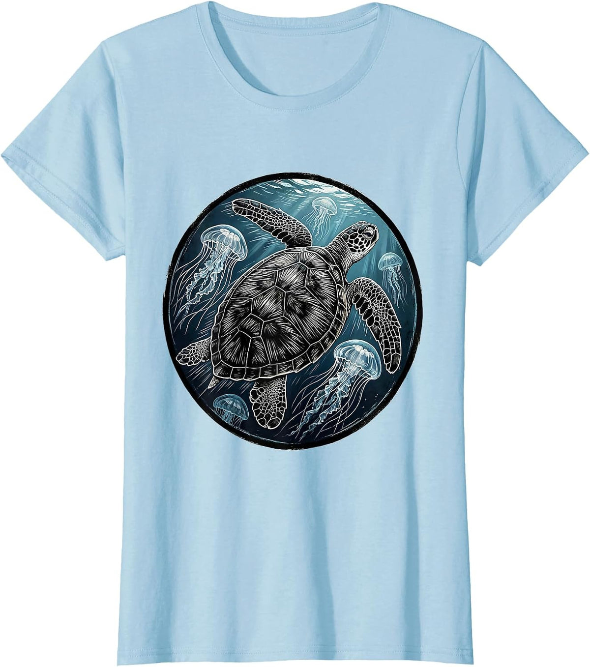 Women's Sea Turtle Swimming Through Jellyfish Bloom T-Shirt - Baby Blue