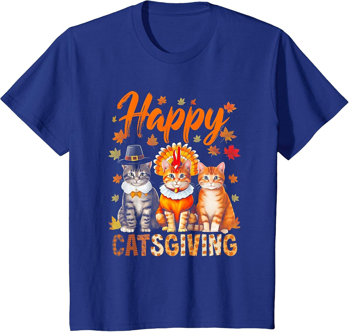 Happy Catsgiving Cute Thanksgiving Cat Wears Pilgrim Hat T-Shirt - Royal Blue