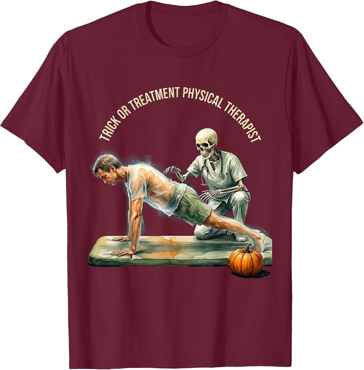 Men's Trick Or Treatment Physical Therapist Watercolor Halloween T-Shirt - Burgundy