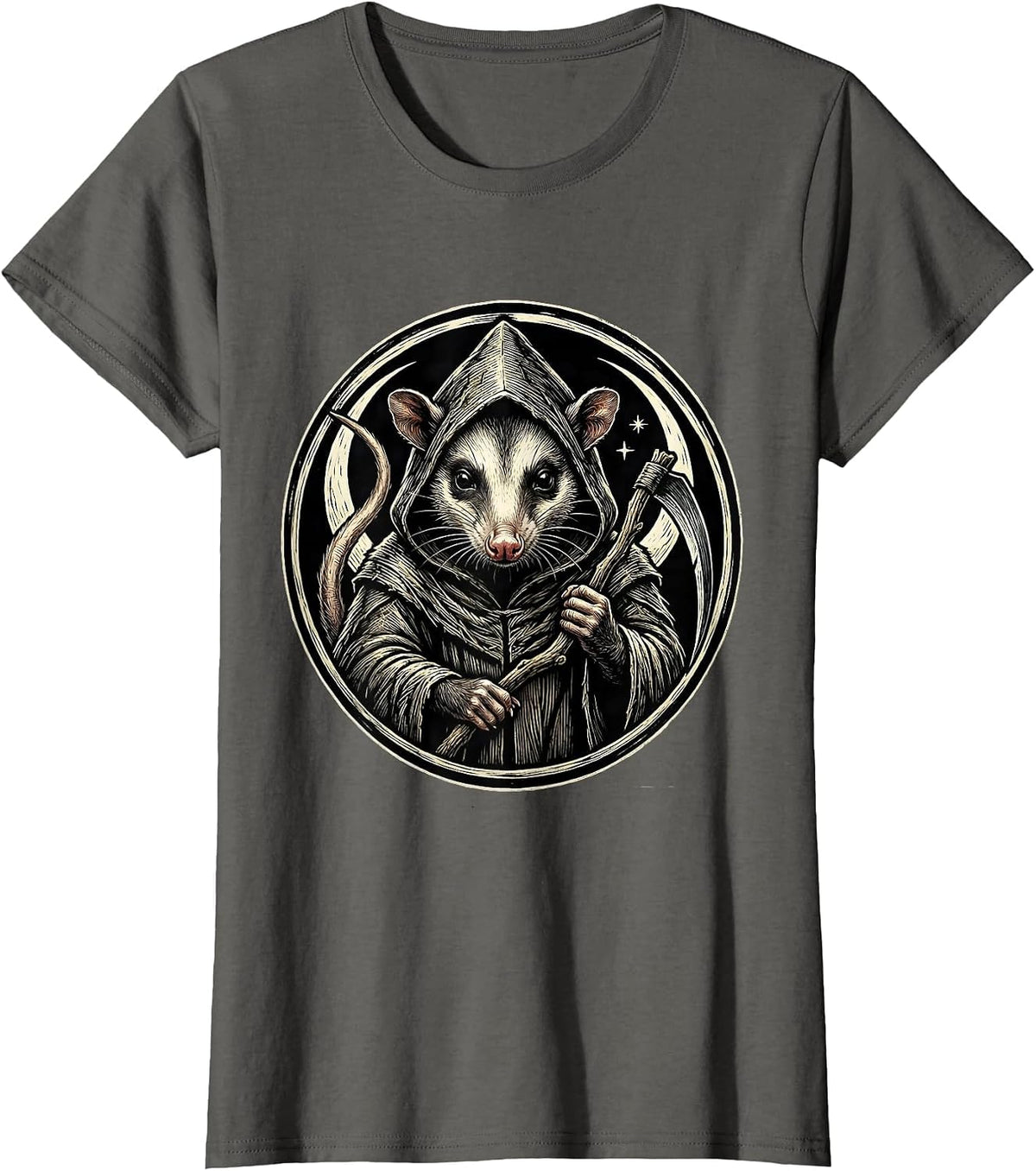 Women's Dignified Opossum Moon Halloween Spooky Novelty T-Shirt - Asphalt Grey