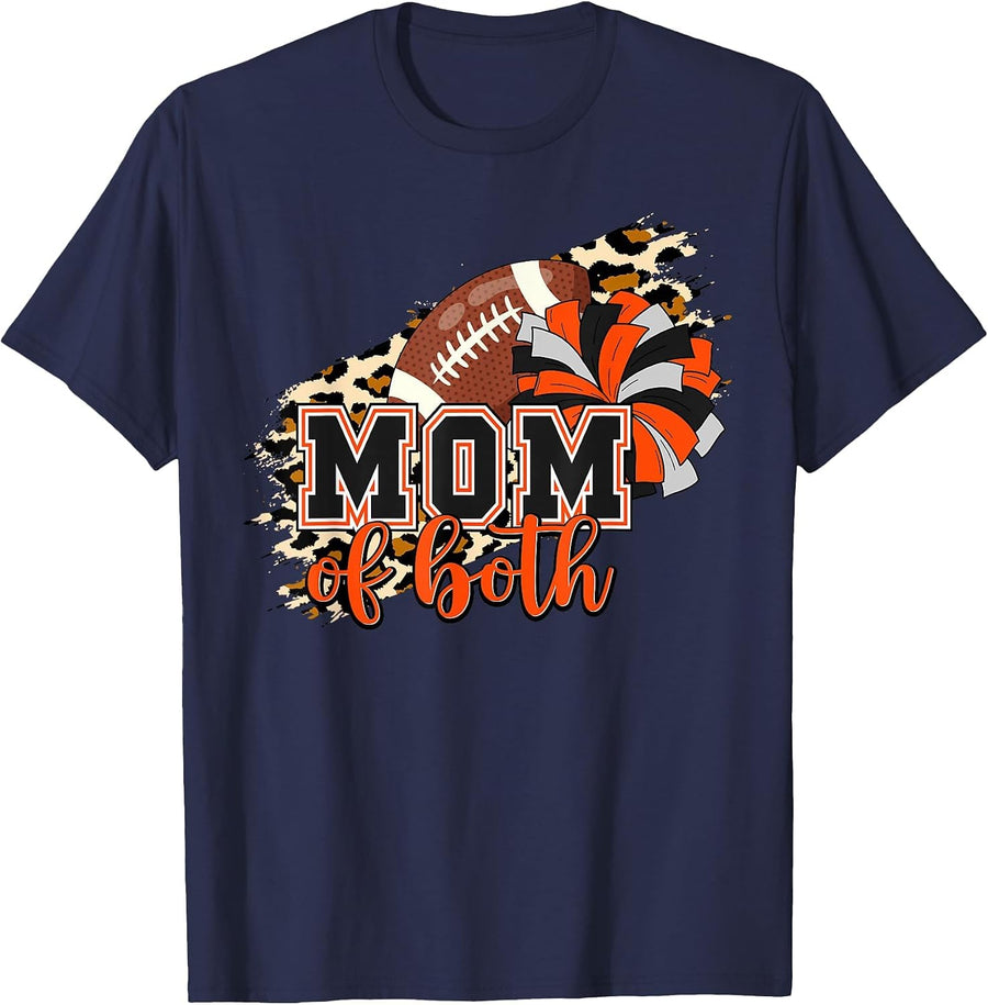 Mom of Both Football Cheer Orange Black Pom Leopard T-Shirt - Navy Blue