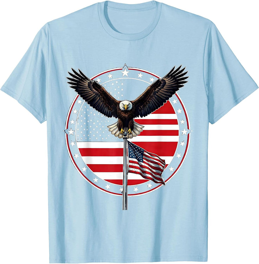 Men's Eagle on Flagpole Patriotic American Pride Design T-Shirt - Baby Blue