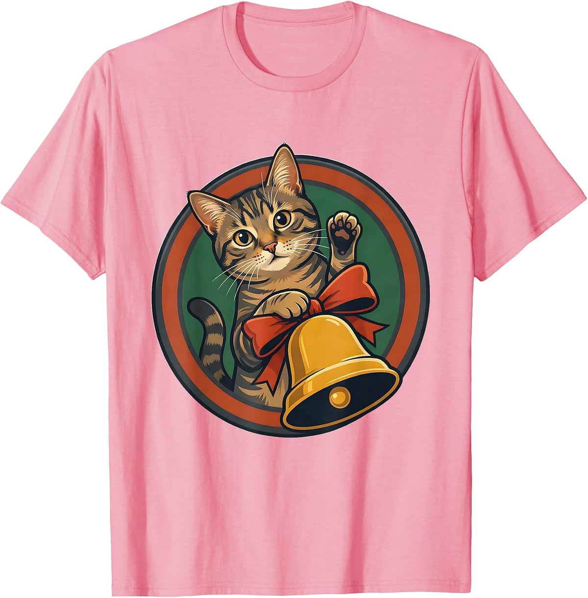 Men's Circular Badge Tabby Cat Hanging Christmas Bell Funny T-Shirt - Pink