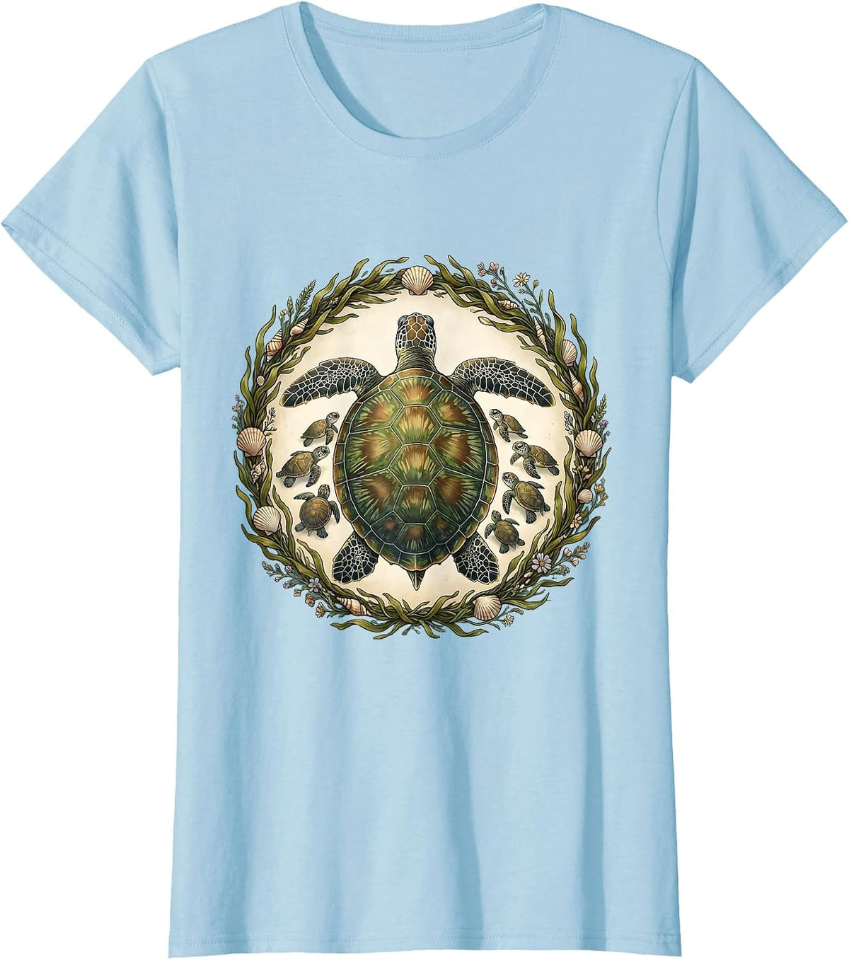 Mother Turtle and Hatchlings Beach Illustration T-Shirt - Baby Blue
