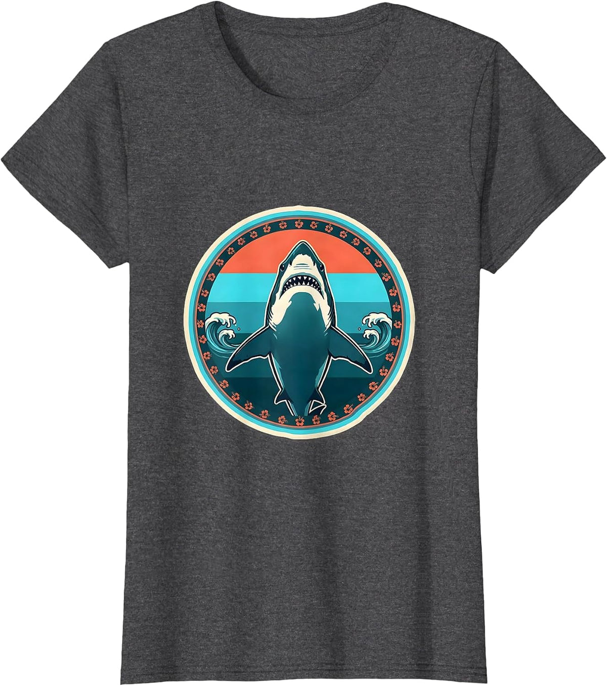 Women's Great White Shark Ocean Silhouette Hawaiian Design T-Shirt - Dark Heather Grey