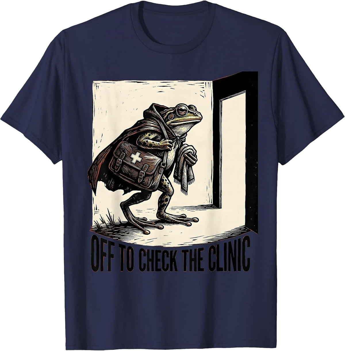 Off To Check The Clinic Linocut Frog Teacher Back to School T-Shirt - Navy Blue