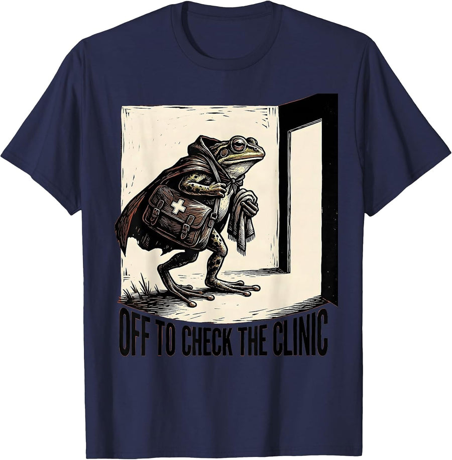 Off To Check The Clinic Linocut Frog Teacher Back to School T-Shirt - Navy Blue