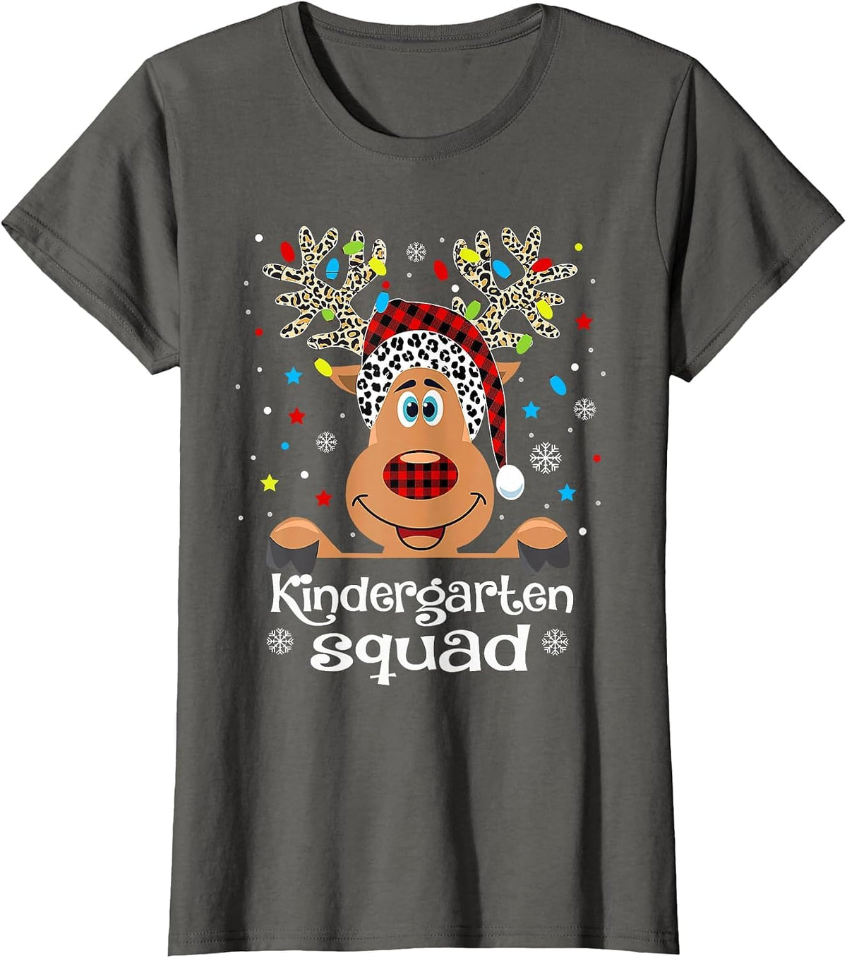 Kindergarten Squad Plaid Reindeer Santa Hat Teacher T-Shirt - Asphalt Grey