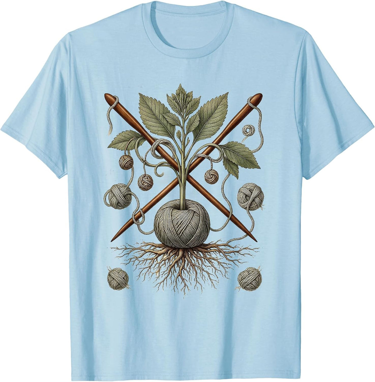 Men's Grandma Knitting Tangled Yarn Illustration T-Shirt - Baby Blue