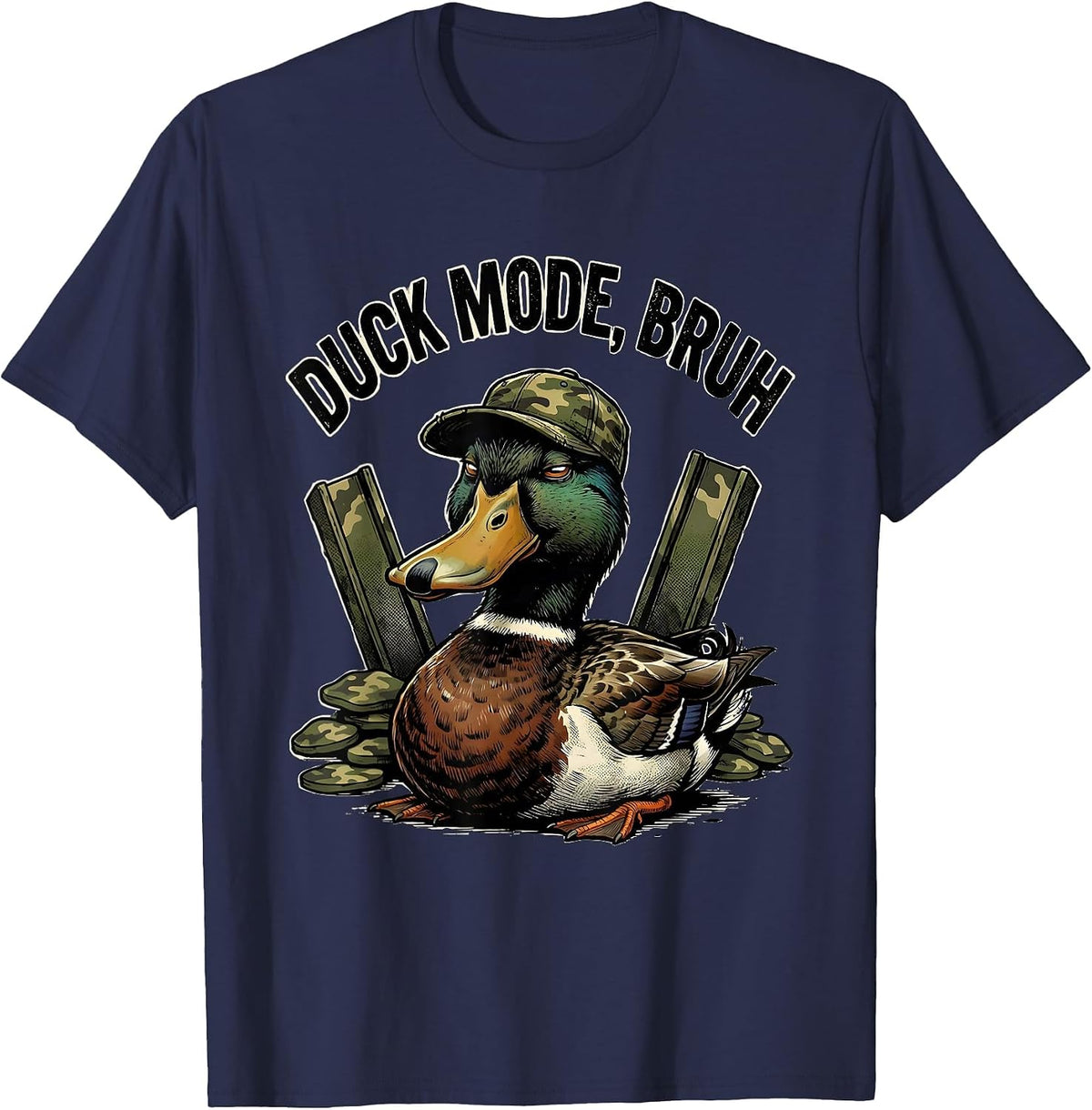 Men's Duck Mode, Bruh Distressed Camo Duck Lover Outdoor Humor T-Shirt - Navy Blue