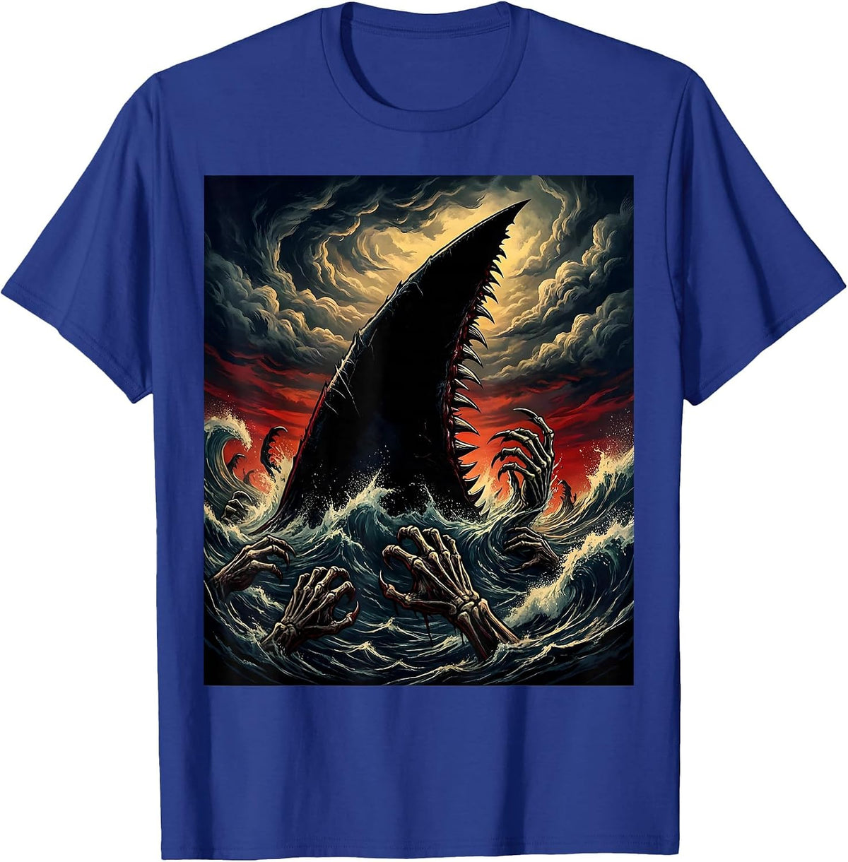 Men's Shark Dorsal Fin Stormy Sunset Illustration T-Shirt - Royal Blue