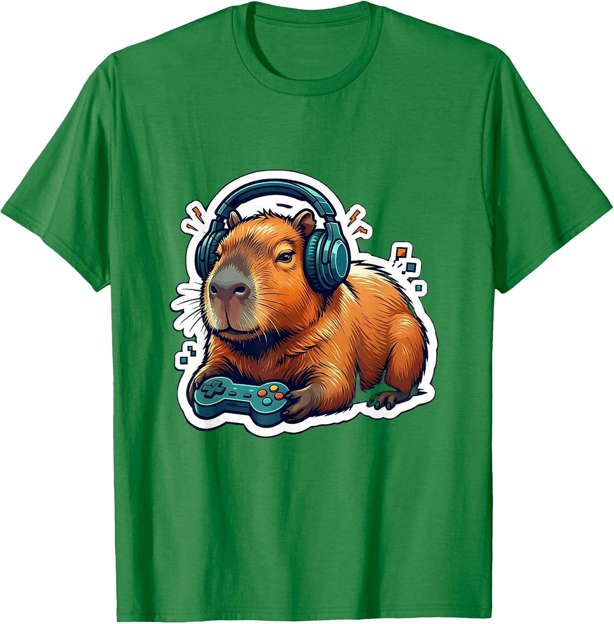 Men's Capybara Gamer Sticker Style Animal Humor T-Shirt - Kelly Green