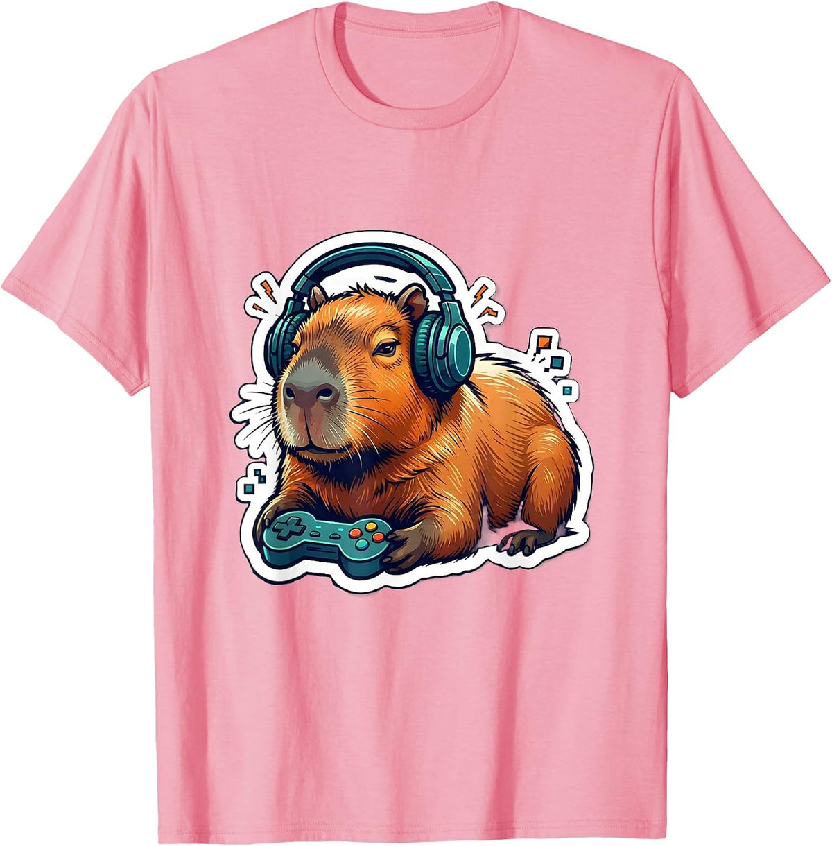 Men's Capybara Gamer Sticker Style Animal Humor T-Shirt - Pink