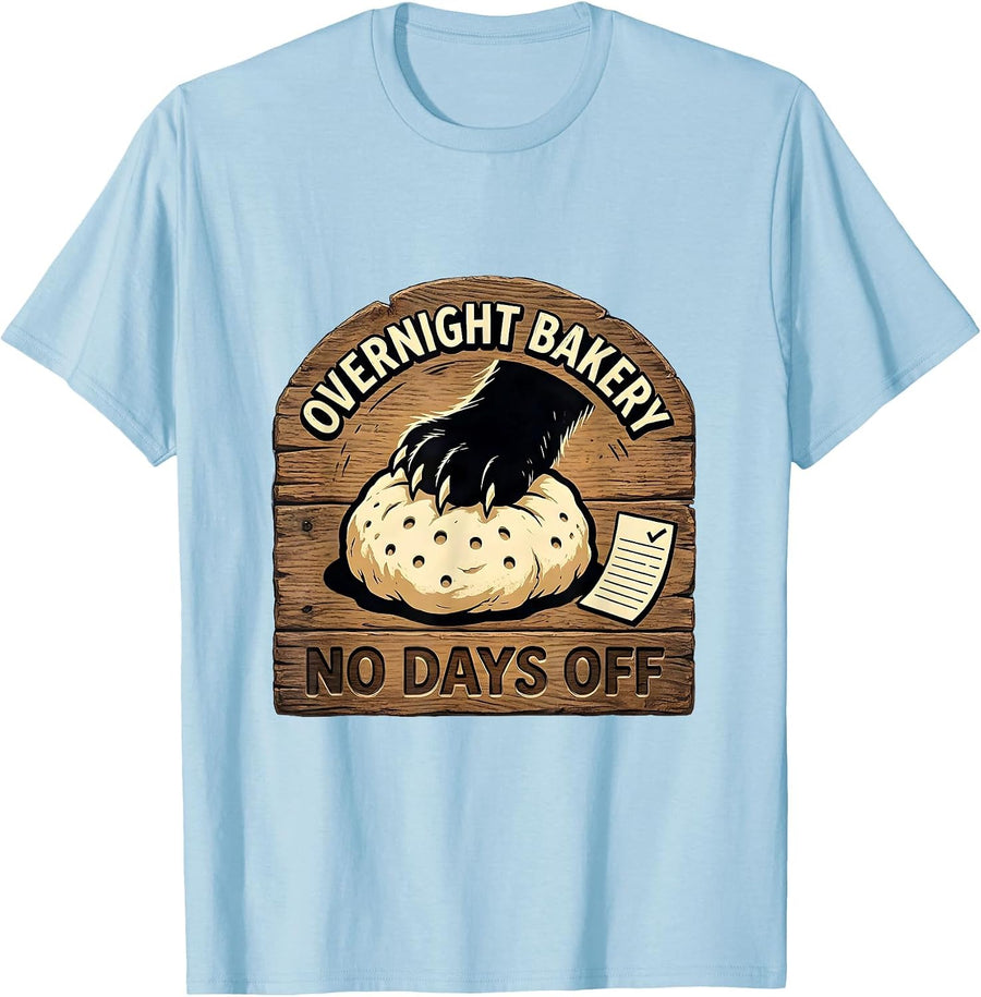 Men's Overnight Bakery No Days Off Funny Black Cat Baking Humor T-Shirt - Baby Blue