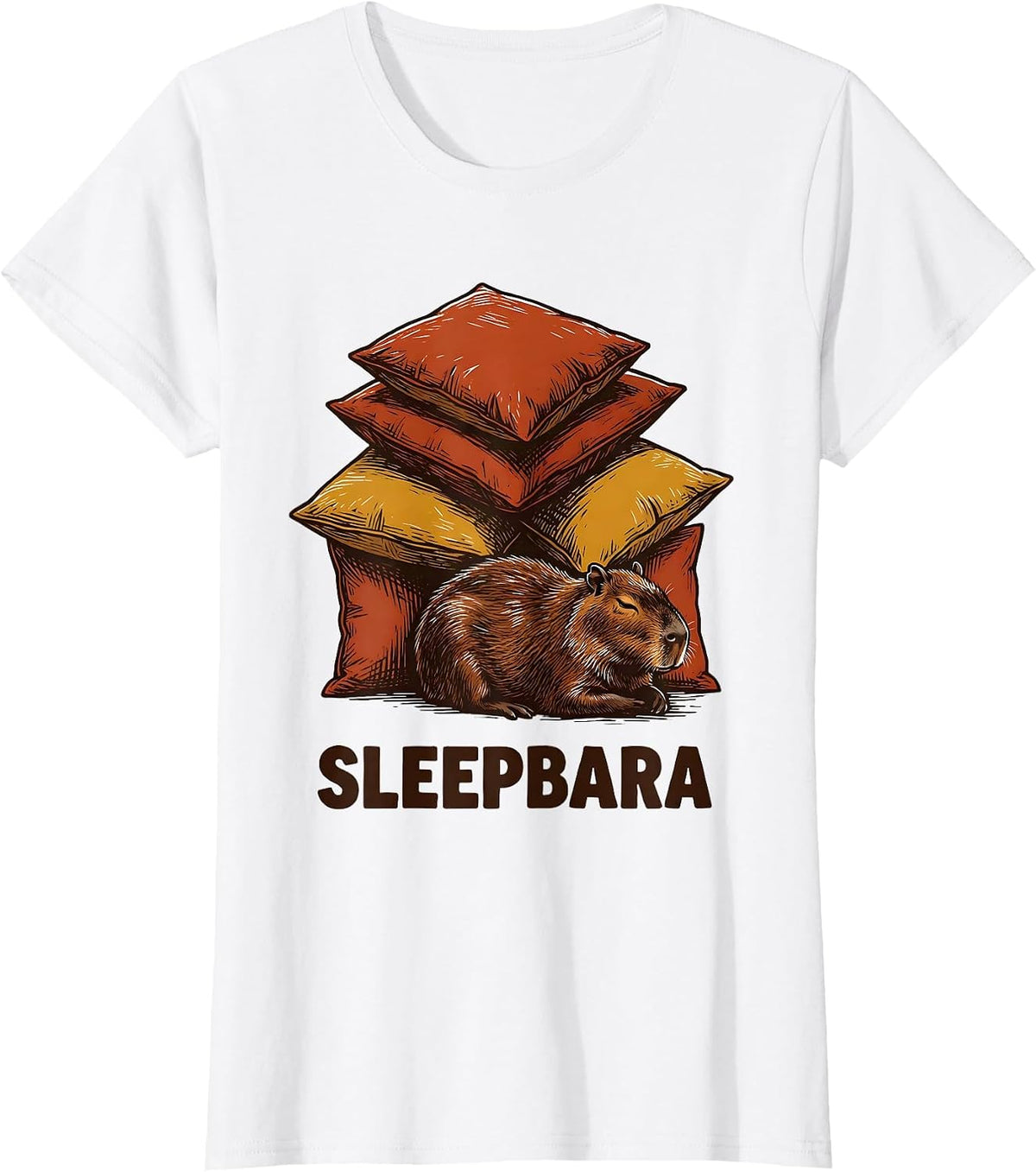 Women's Sleepbara Cute Capybara Sleep Lover Linocut Novelty T-Shirt - White