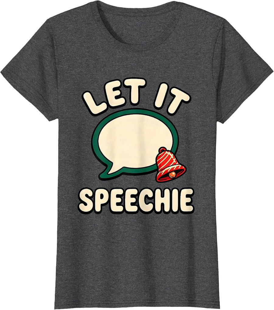Women's Let It Speechie Cartoon Christmas Speech Therapist SLP Humor T-Shirt - Dark Heather Grey