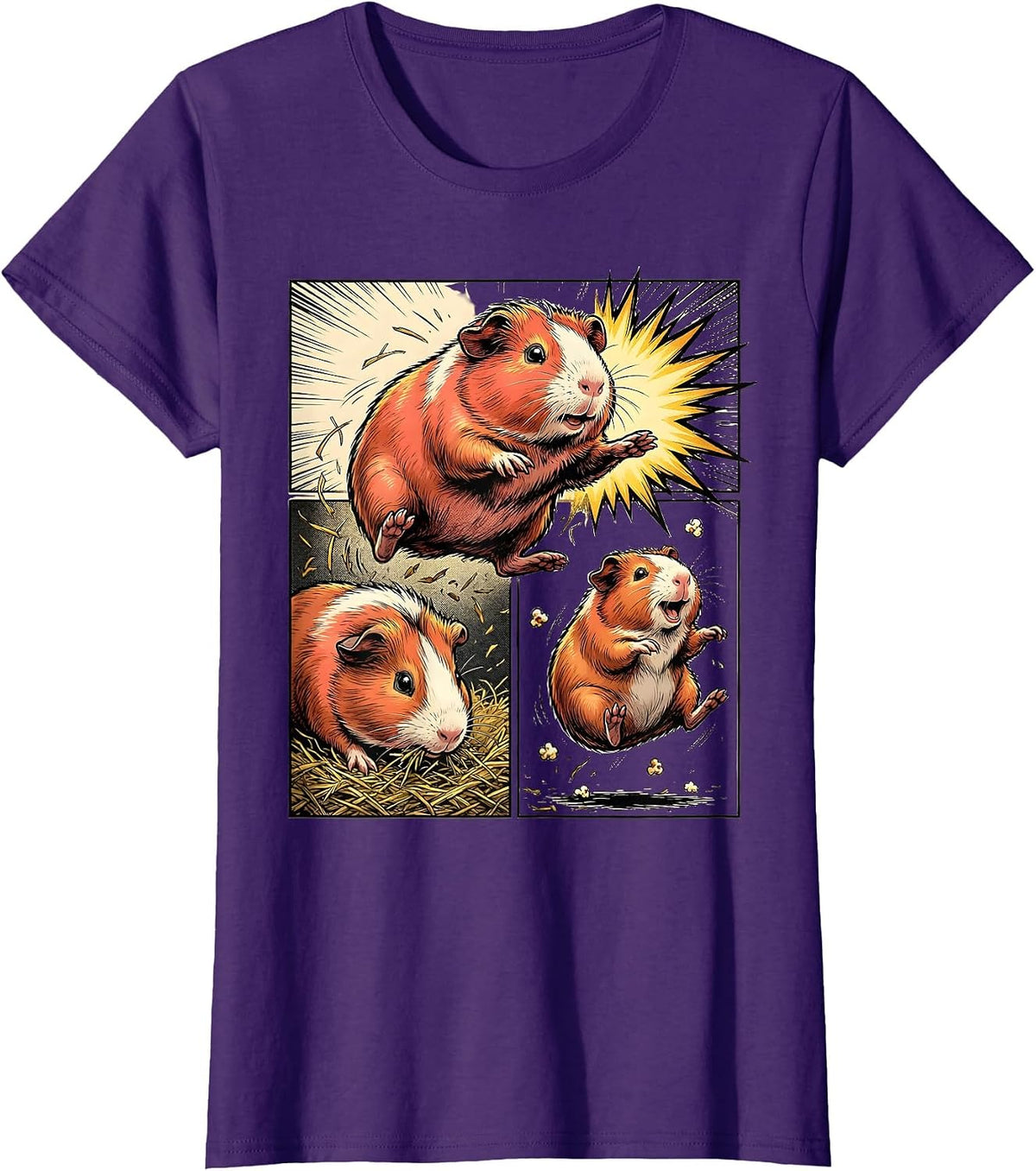 Women's Guinea Pig Comic Book Hero Leap Cavy Lover Humor T-Shirt - Purple