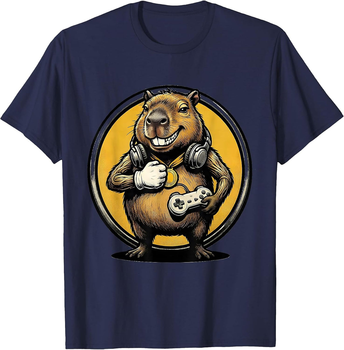Men's Capybara Gamer Retro Cartoon Funny Meme Humor T-Shirt - Navy Blue